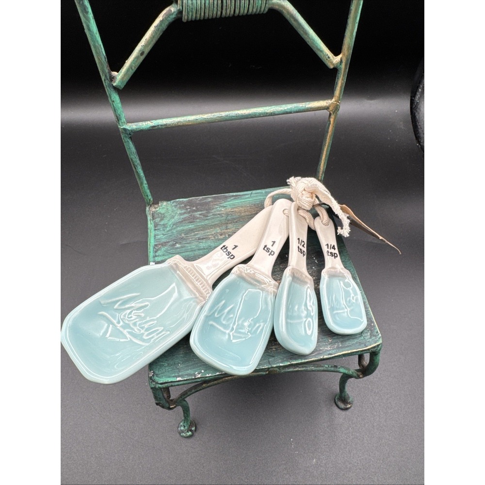 Blue Ceramic Mason Jar Measuring Spoons Set Vintage Inspired - NEW